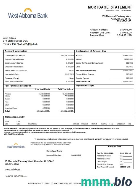 USA West Alabama Bank wyciąg z kredytu hipotecznego w formatach Word i PDF